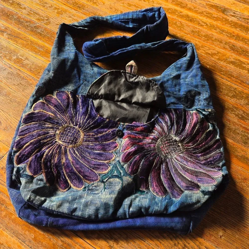 Handmade Patchwork Bag | Blue Purple Boho Shoulder Tote Artistic Everyday - Picture 4 of 6